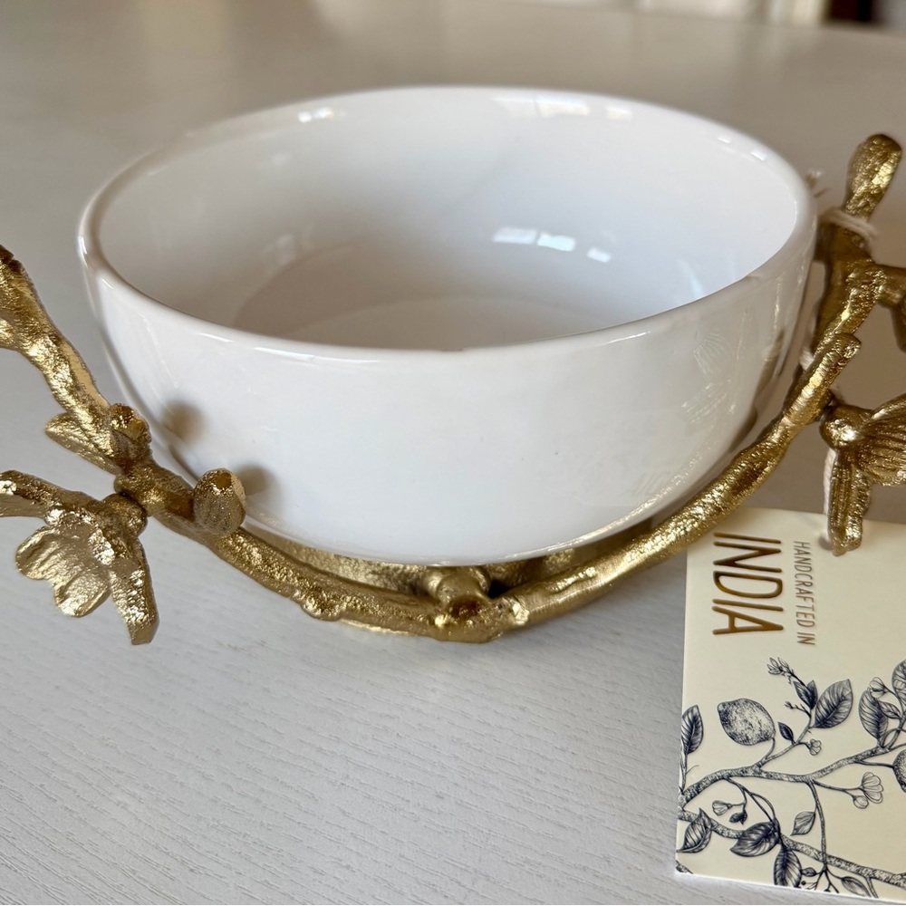 White Ceramic Bowl with Gold Branch Design - Picture 2 of 11